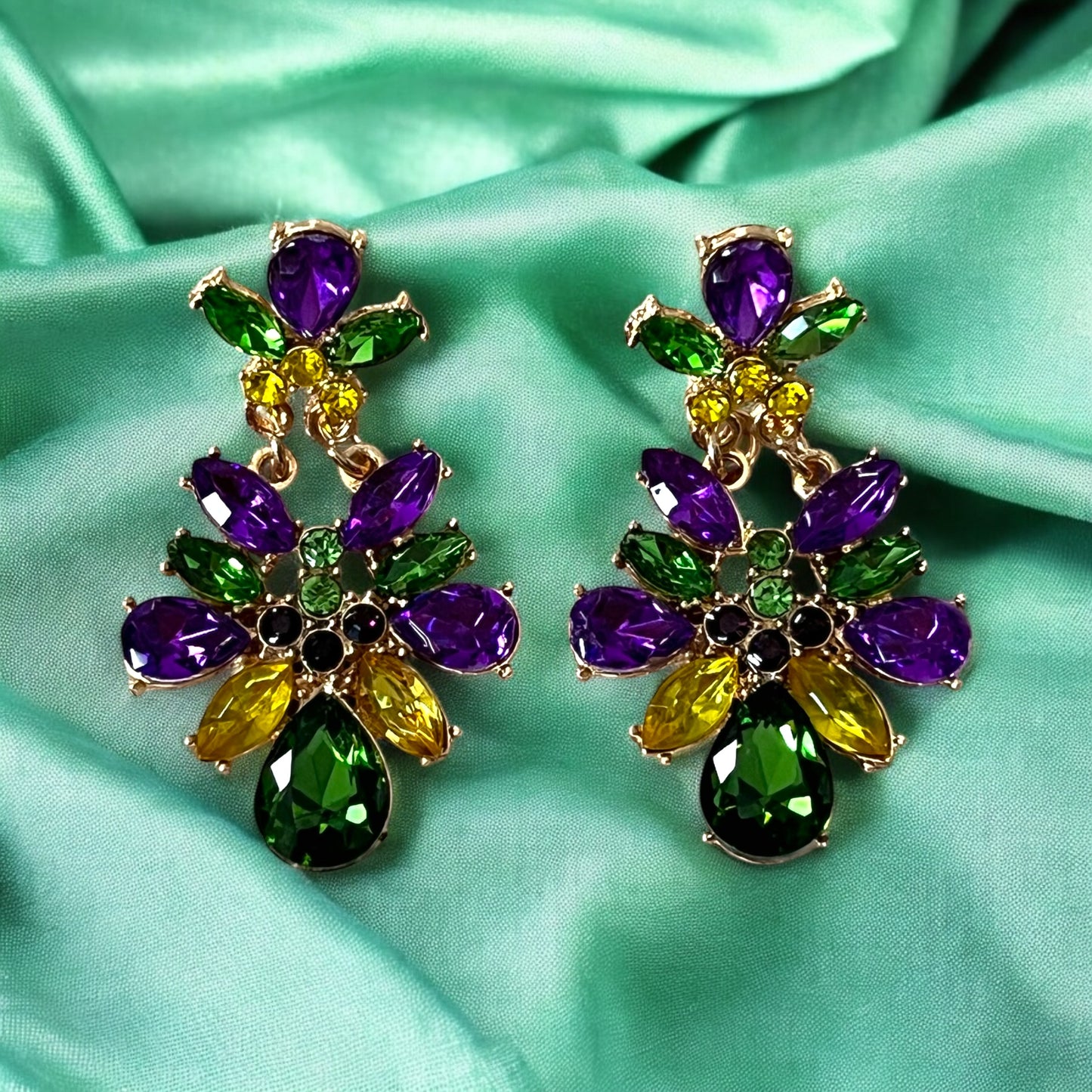 Mardi Gras Earrings, Glittery Rhinestone Party Jewelry. Size Medium or Large