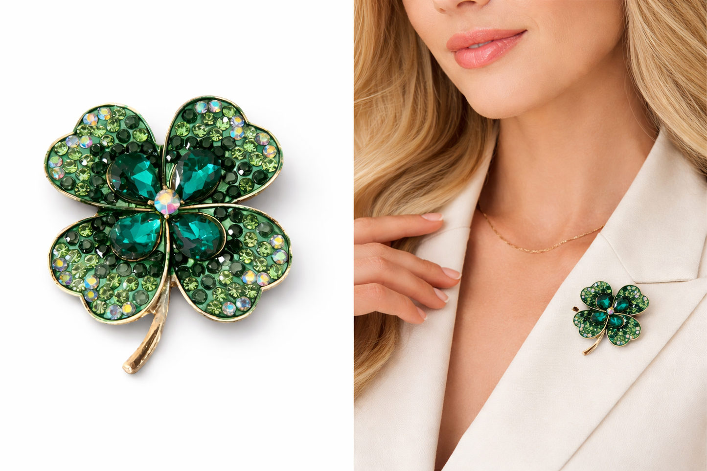 St. Patrick's Day Lucky Four-Leaf Clover Shamrock Rhinestone Brooch
