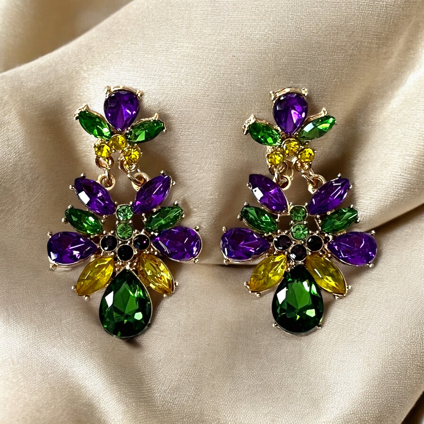 Mardi Gras Earrings, Glittery Rhinestone Party Jewelry. Size Medium or Large
