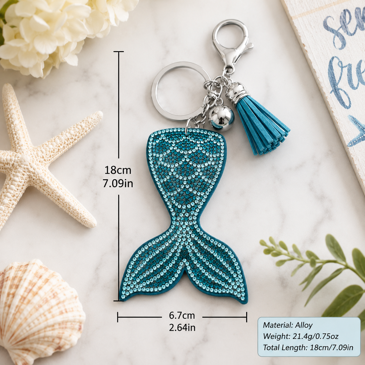 Mermaid Tail Rhinestone Tassel Keychain Purse Charm Aqua Blue Crystal Bag Accessory