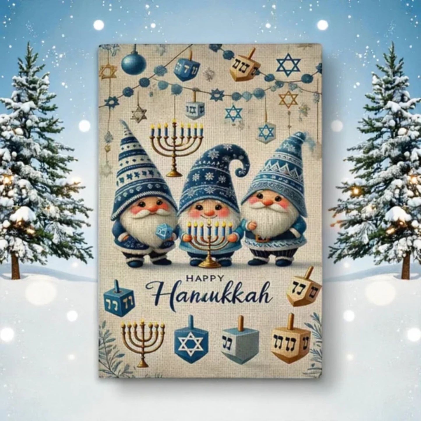 Happy Hanukkah Garden Flag – Festive Gnomes & Menorah Design (12x18)