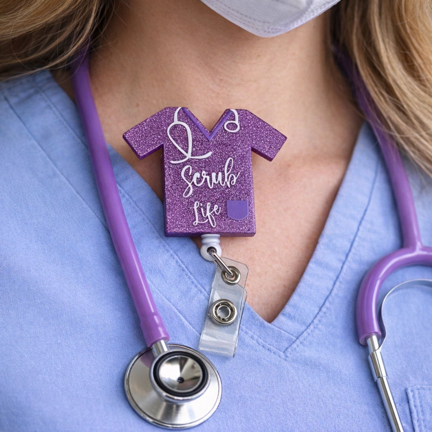 Scrub Life Badge Light Purple Glitter Nurse Badge Holder Retractable ID Clip