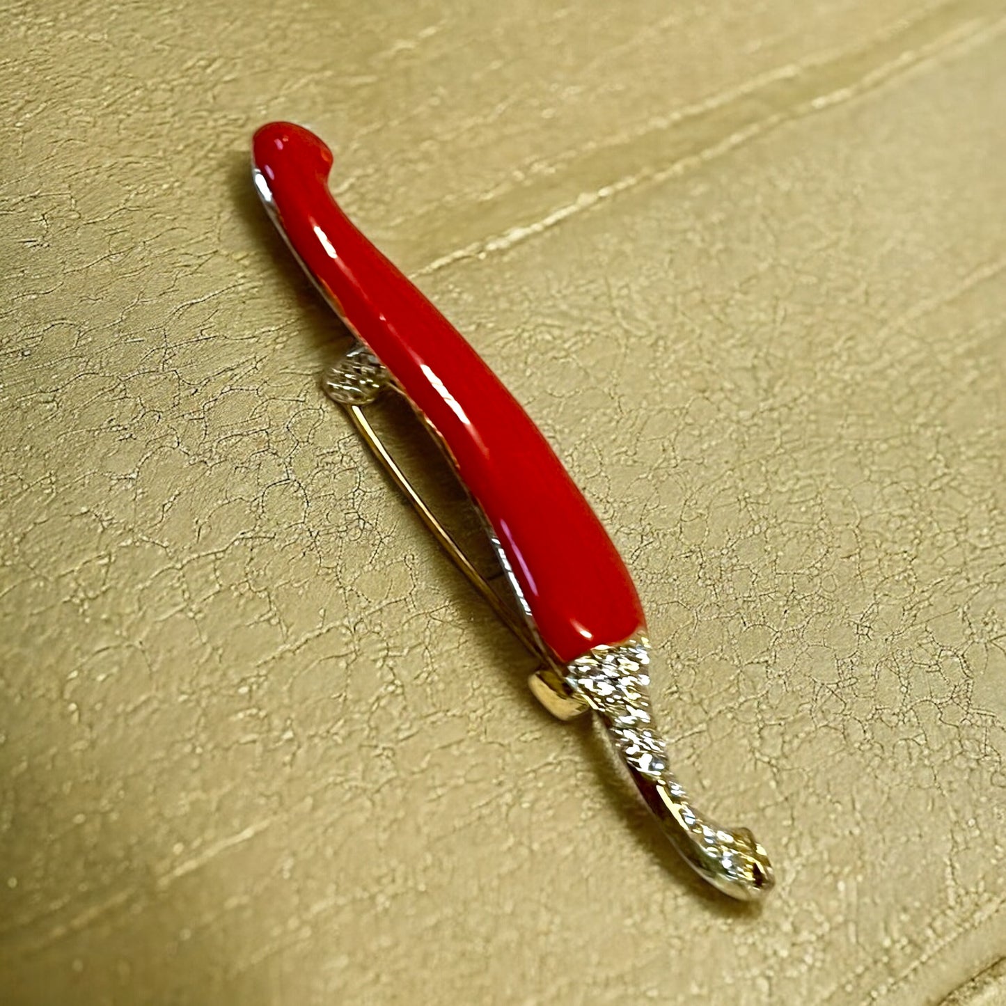 Vintage Red Chili Pepper Brooch Pin with Rhinestones