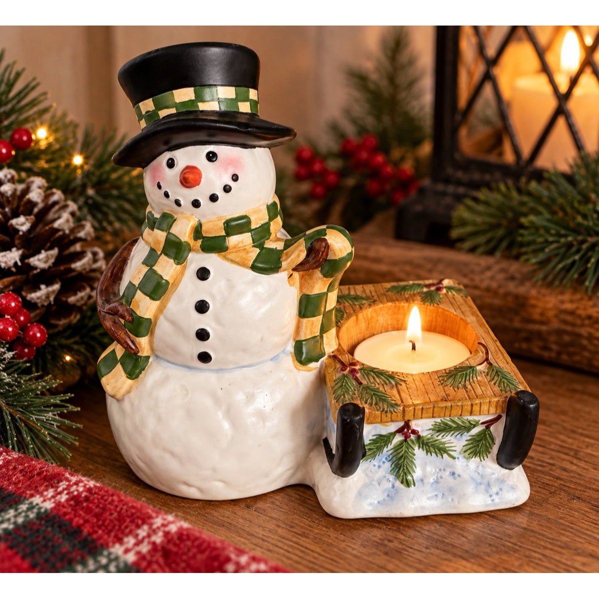 Vintage Yankee Candle Snowman Sled Ceramic Tea Light Holder Christmas 5”