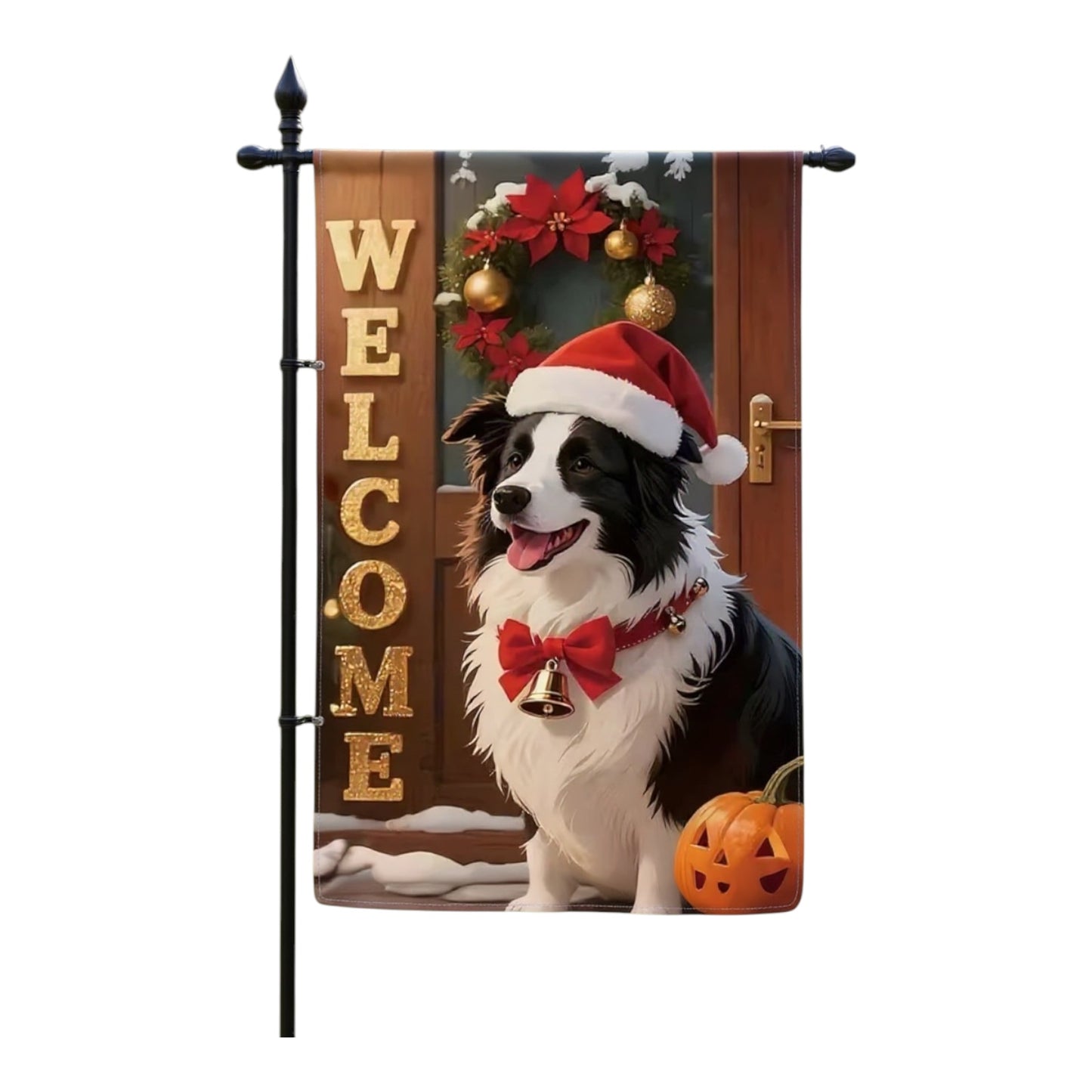 Christmas Welcome Garden Flag 12x18 – Black and White Border Collie Dog with Santa Hat – Holiday Outdoor Decor
