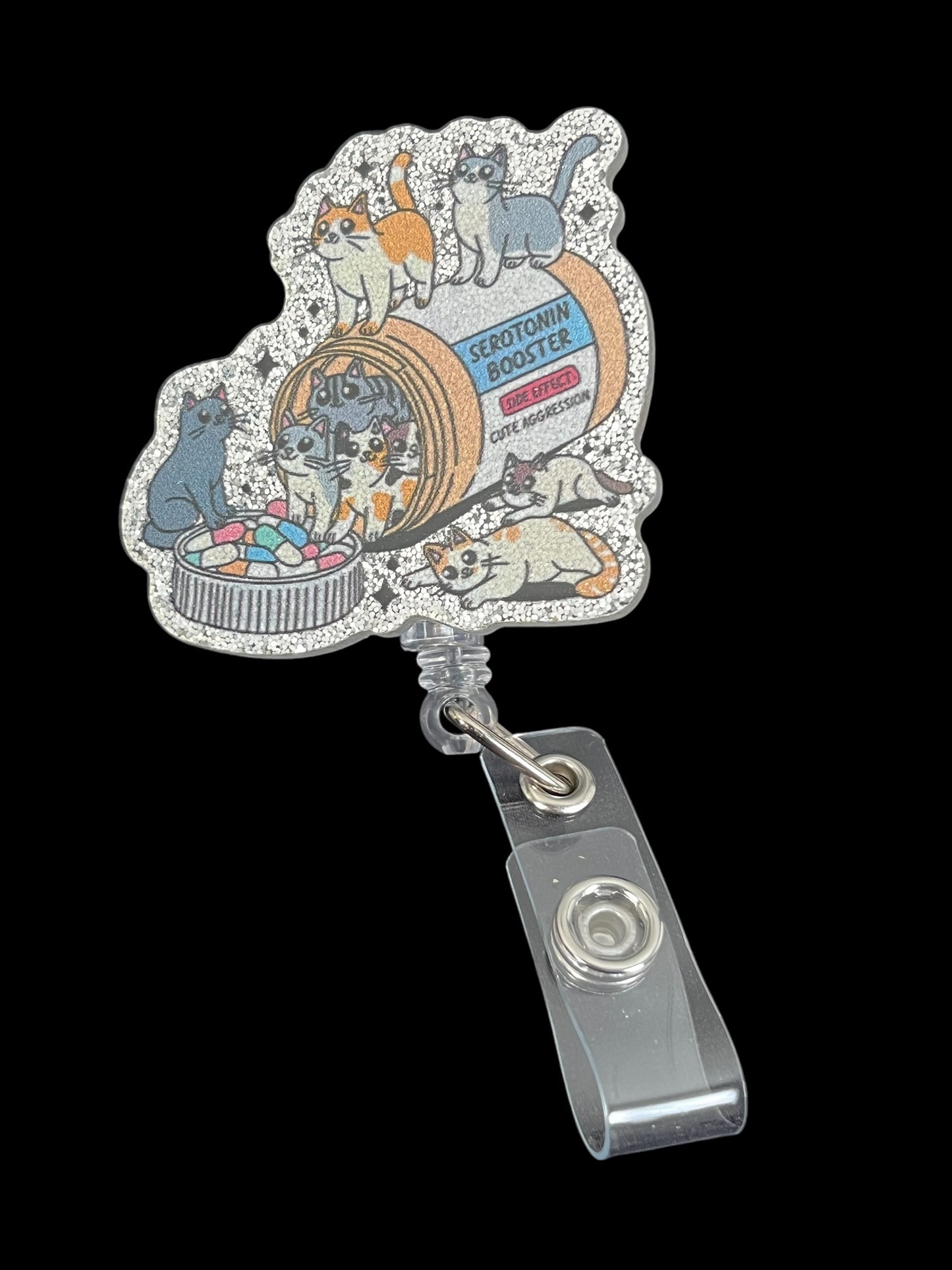 Serotonin Booster: Cute Cat Badge Reel – Rotating Acrylic Retractable ID Holder with Glitter