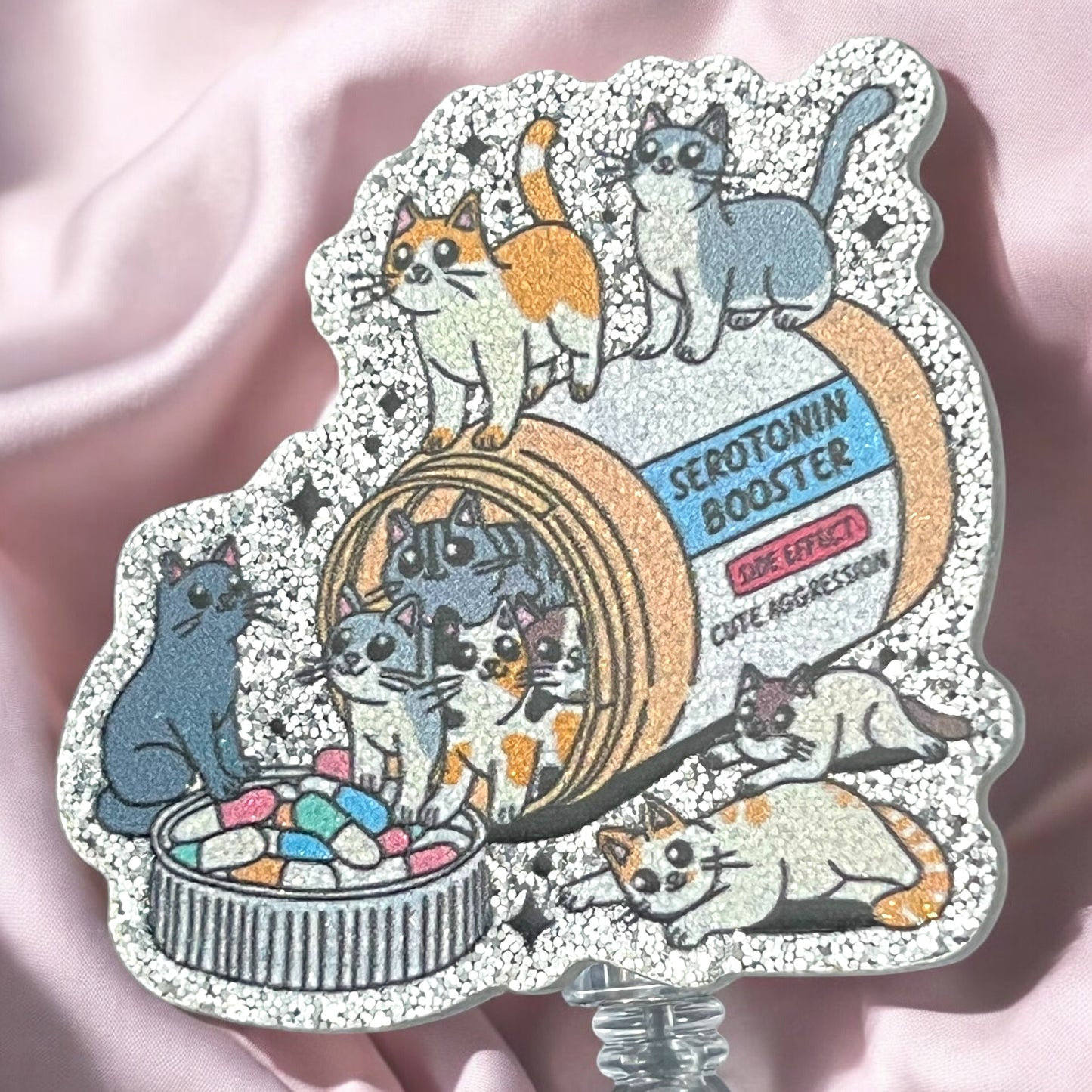 Serotonin Booster: Cute Cat Badge Reel – Rotating Acrylic Retractable ID Holder with Glitter