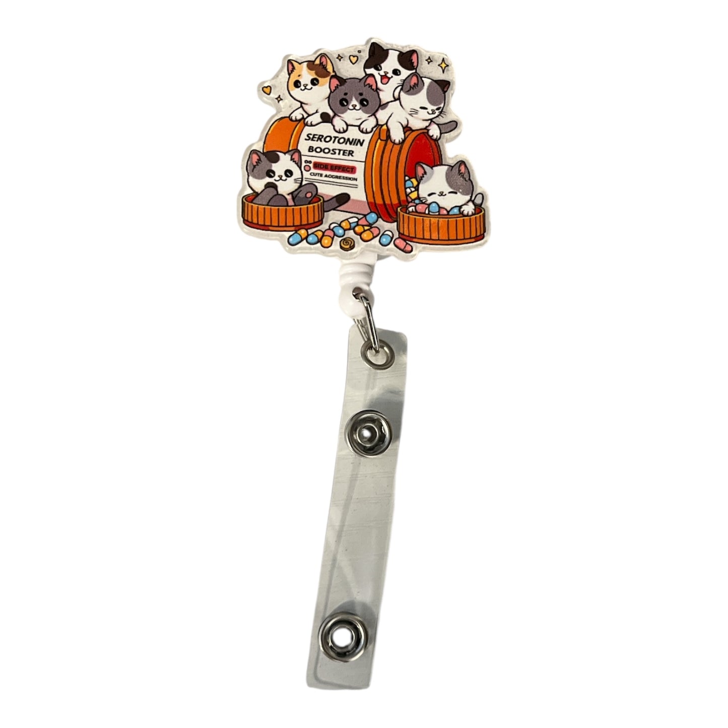 Serotonin Booster: Cute Cat Badge Reel – Rotating Acrylic Retractable ID Holder with Glitter