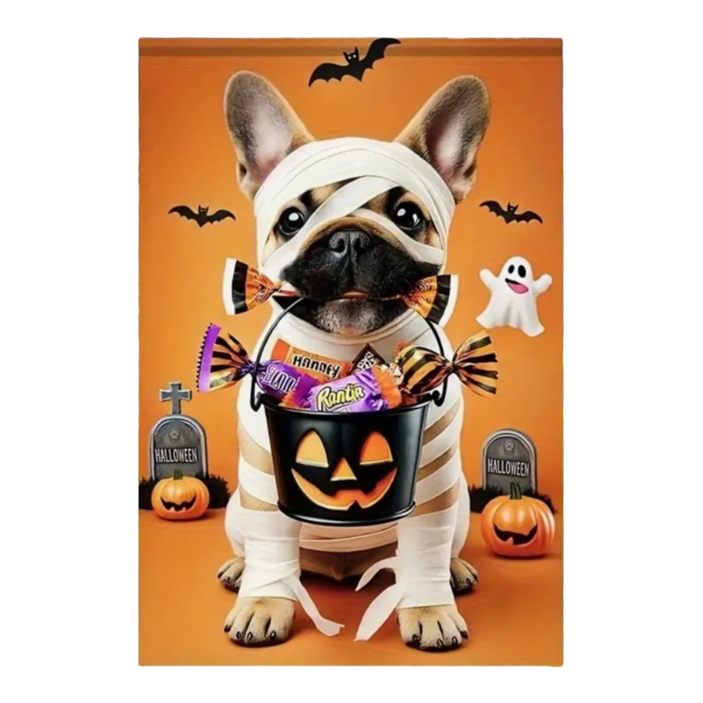 Halloween Garden Flag – 12” x 8” – French Bulldog Mummy with Candy & Pumpkins