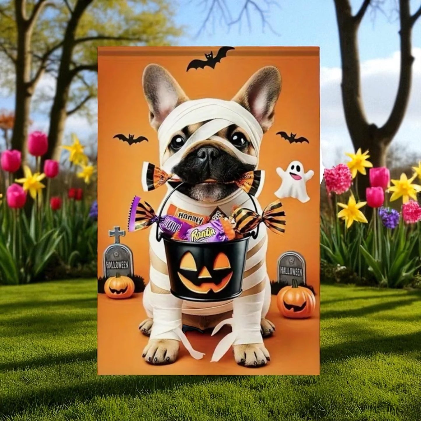 Halloween Garden Flag – 12” x 8” – French Bulldog Mummy with Candy & Pumpkins