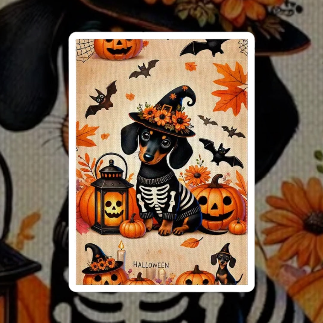 Halloween Dachshund Garden Flag – 12x8 – Skeleton Costume with Pumpkins & Bats