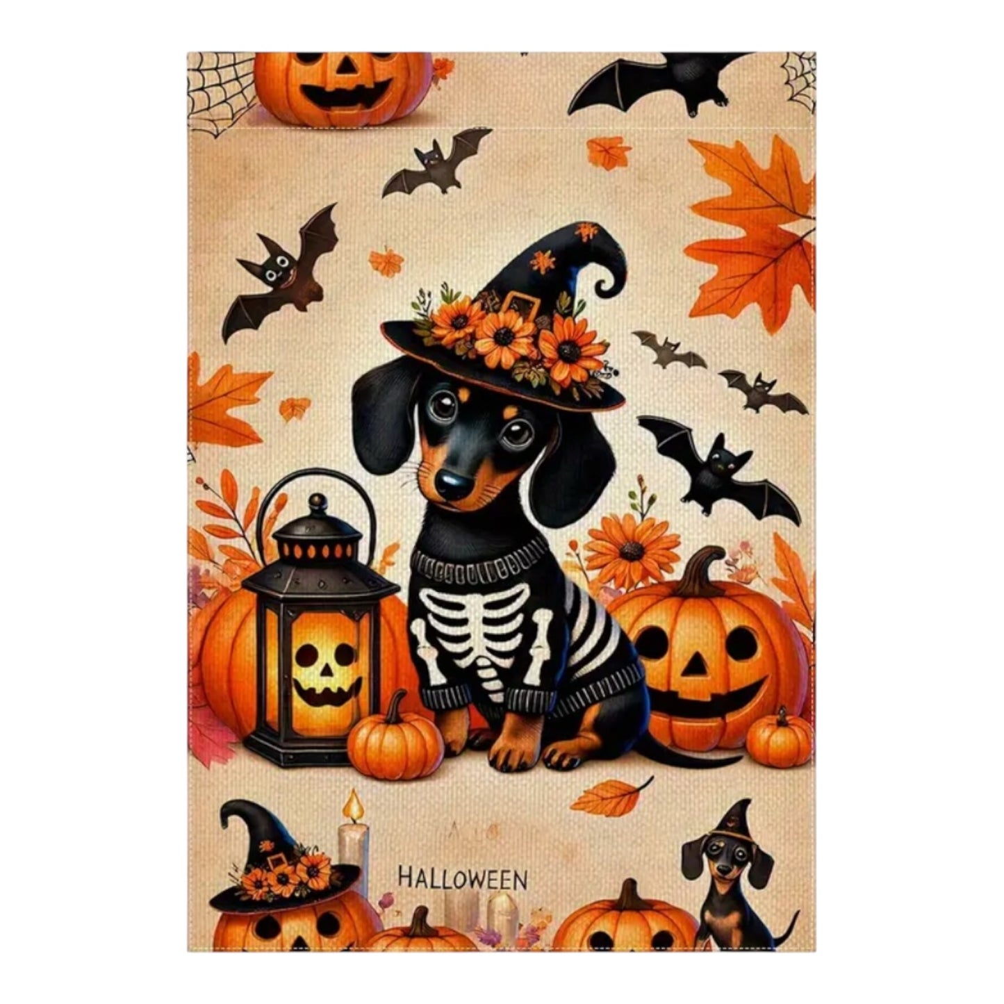 Halloween Dachshund Garden Flag – 12x8 – Skeleton Costume with Pumpkins & Bats