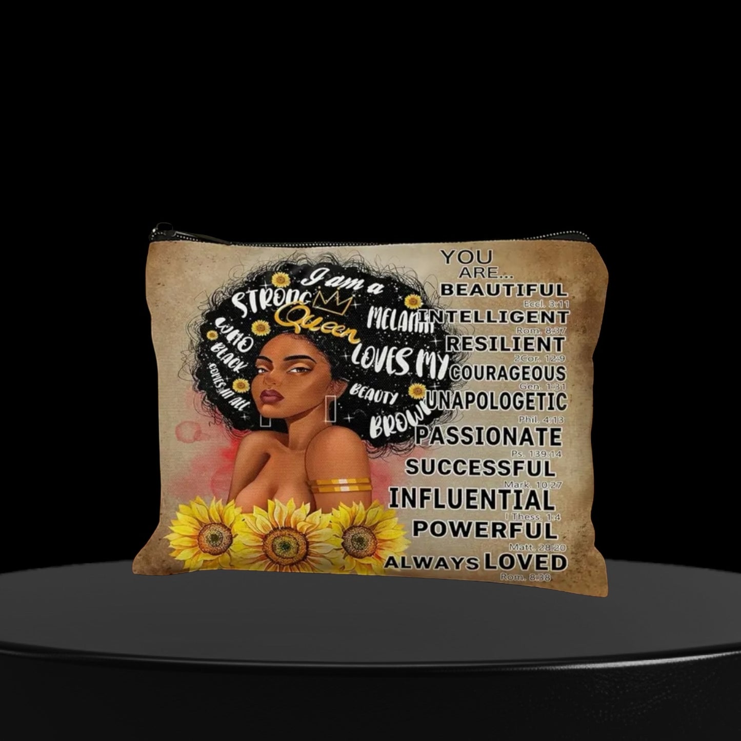 Strong Queen Afrocentric Design Cosmetic Bag with Sunflowers & Empowering Words