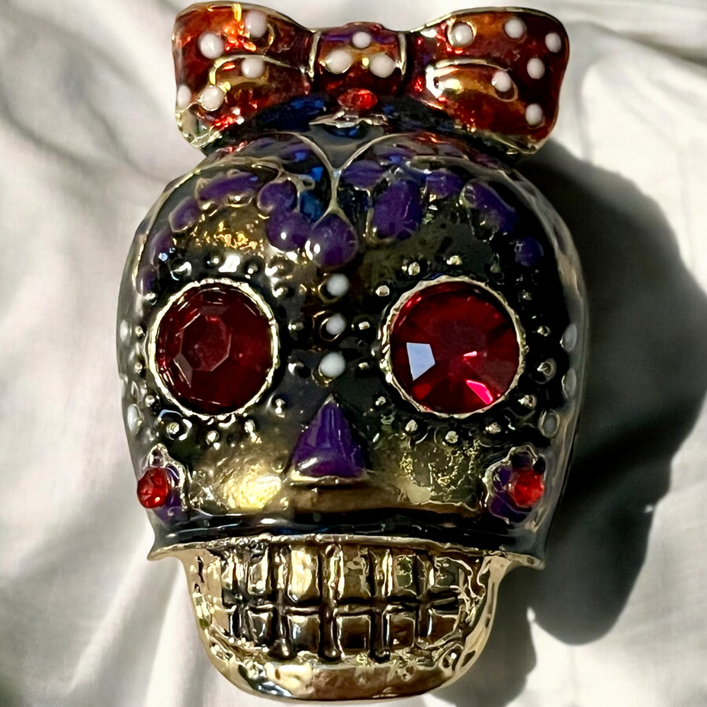 Vintage Style Gothic, Punk Sugar Skull Brooch Pin Halloween Necklace Charm with Faux Crystals. Great Gift. - Dia de los Muertos Theme. 3 Colors.