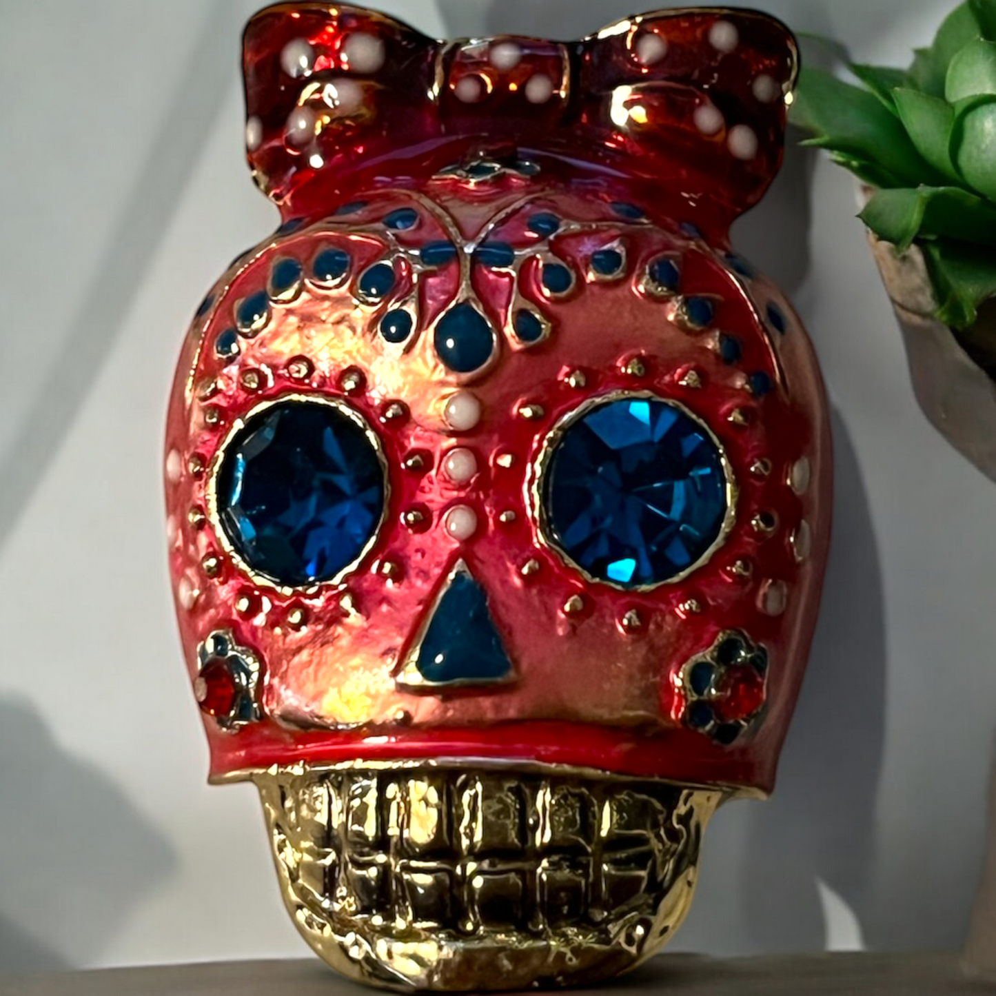 Vintage Style Gothic, Punk Sugar Skull Brooch Pin Halloween Necklace Charm with Faux Crystals. Great Gift. - Dia de los Muertos Theme. 3 Colors.