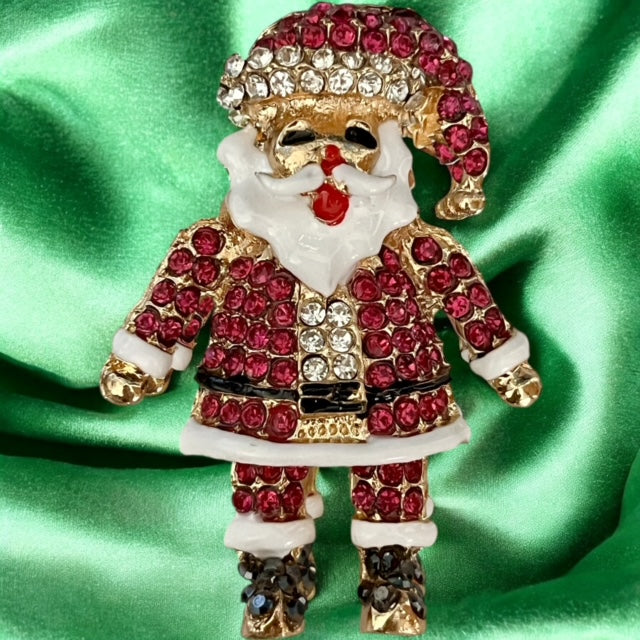 Sparkly Santa Claus Brooch Pin Necklace Pendant, Gold Plated Enamel, Different Color Options. Rhinestone Encrusted, Cute Charm Pin for Christmas