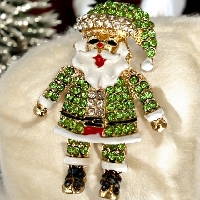 Sparkly Santa Claus Brooch Pin Necklace Pendant, Gold Plated Enamel, Different Color Options. Rhinestone Encrusted, Cute Charm Pin for Christmas
