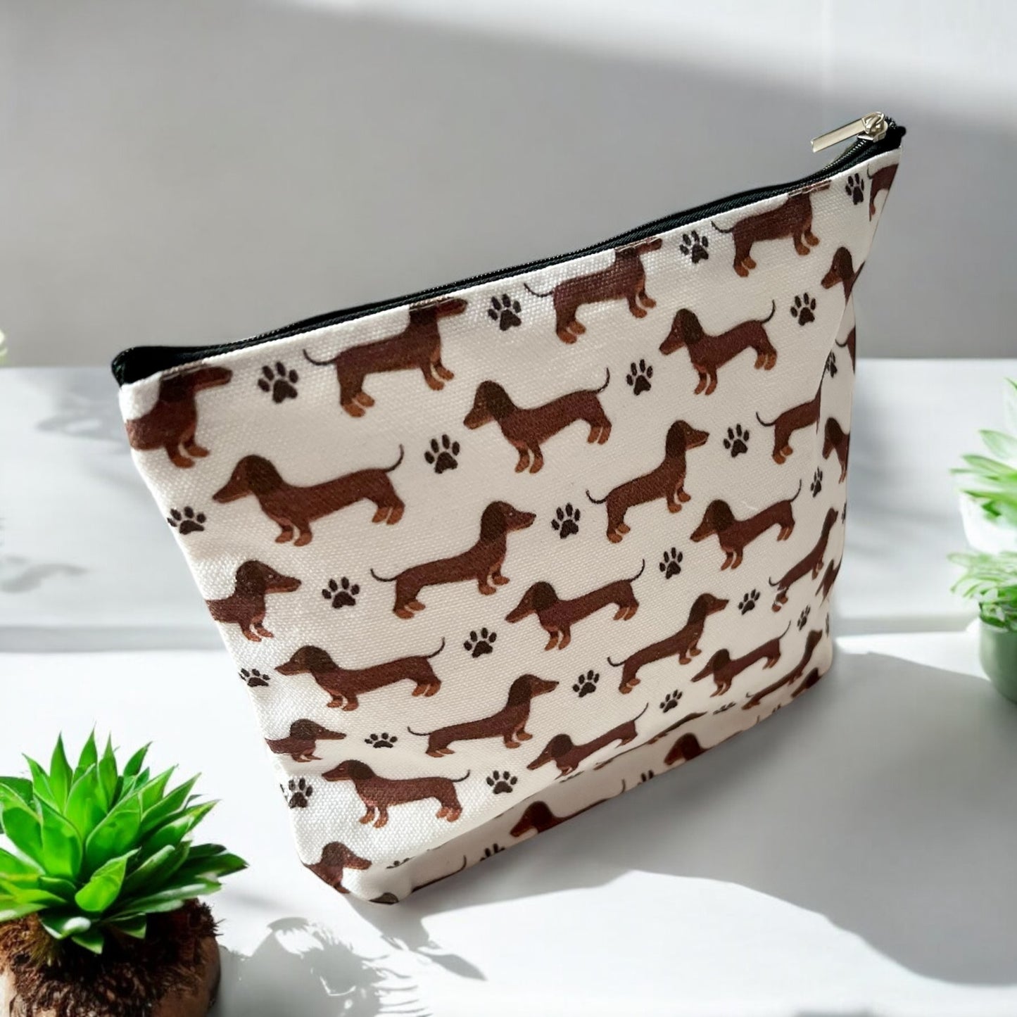 Cute Cartoon Dachshund Doxie Sausage Dog Print Toiletry Cosmetic Pouch Bag with Zipper - Perfect for Travel, Parties, and Gifts