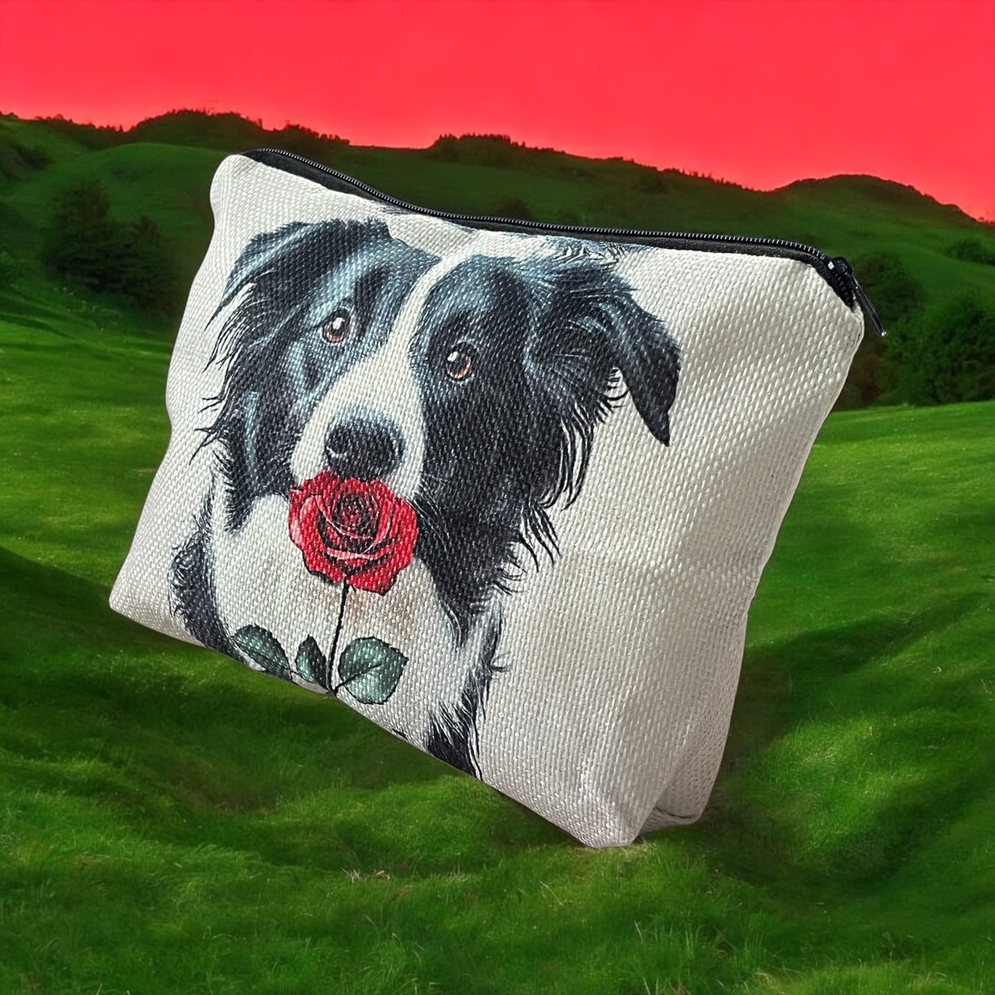 Hübsche Kosmetiktasche mit Blumenmuster und Border Collie-Motiv, für unterwegs, stilvolle Reißverschlusstasche