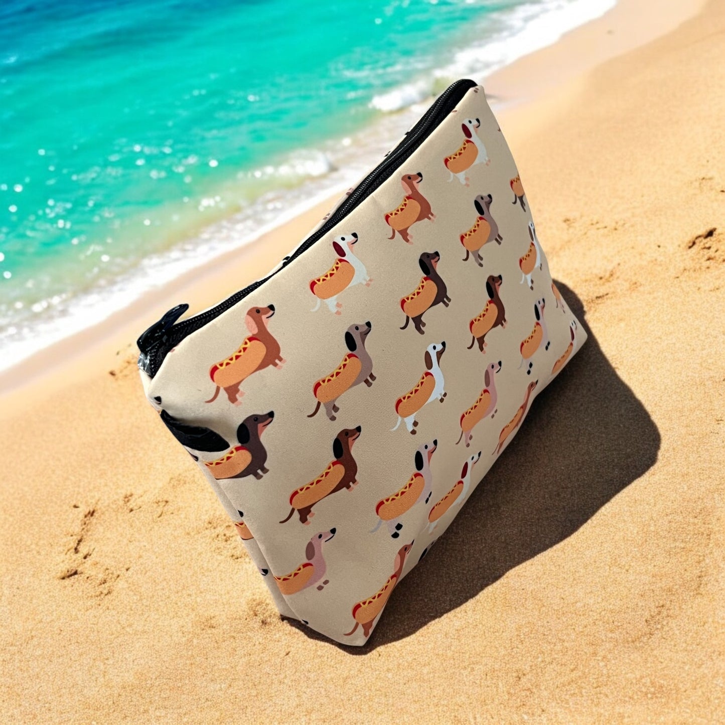 Dachshund Doxie Hotdog Print Padded Cosmetic Bag: Polyester with Zipper Closure
