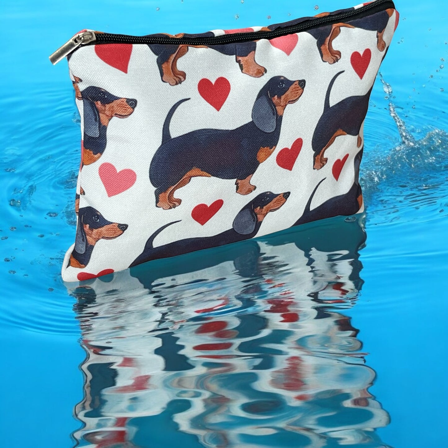 Dachshund Doxie and Hearts Print Cosmetic Bag: Polyester with Zipper Closure - Valentine's Day Gift
