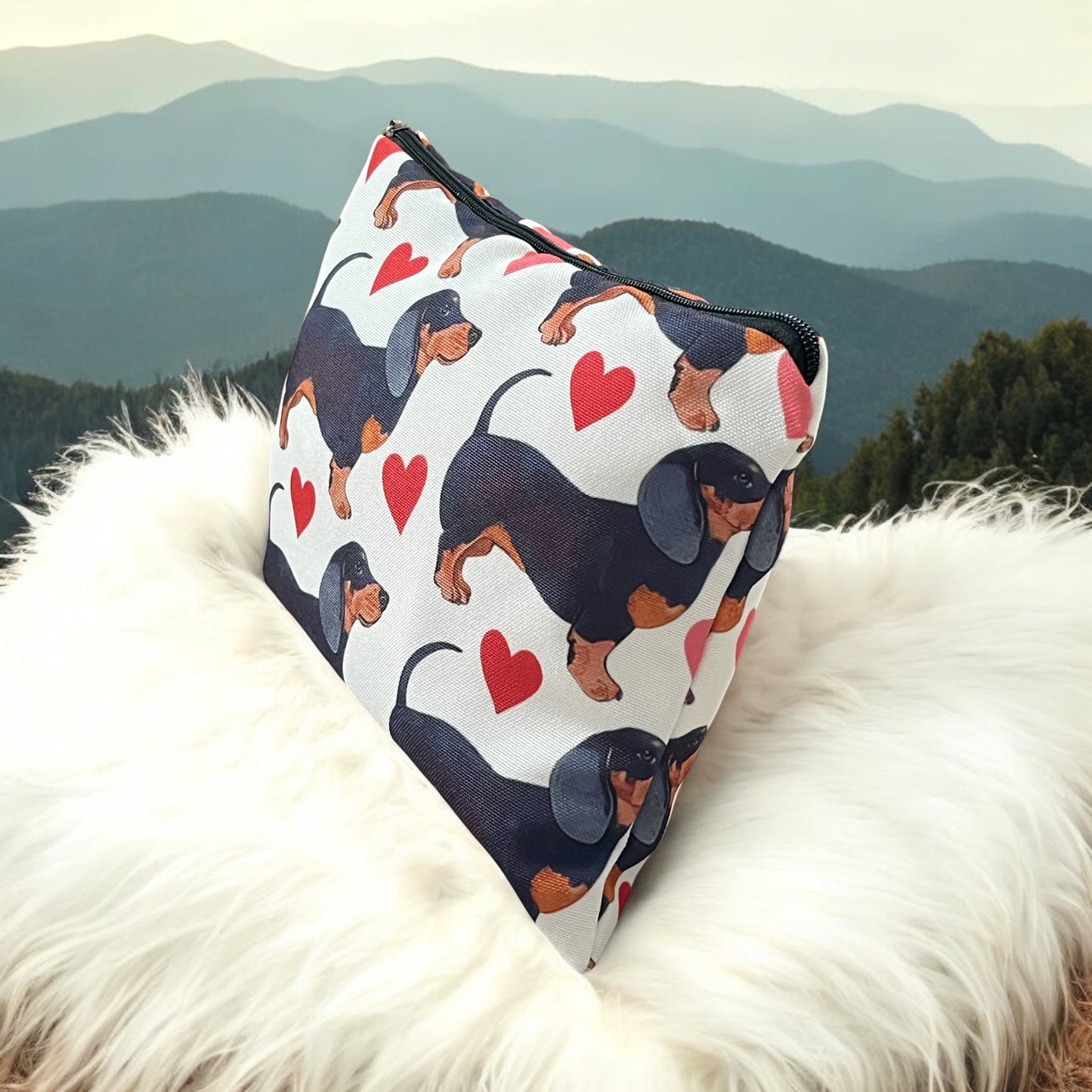Dachshund Doxie and Hearts Print Cosmetic Bag: Polyester with Zipper Closure - Valentine's Day Gift