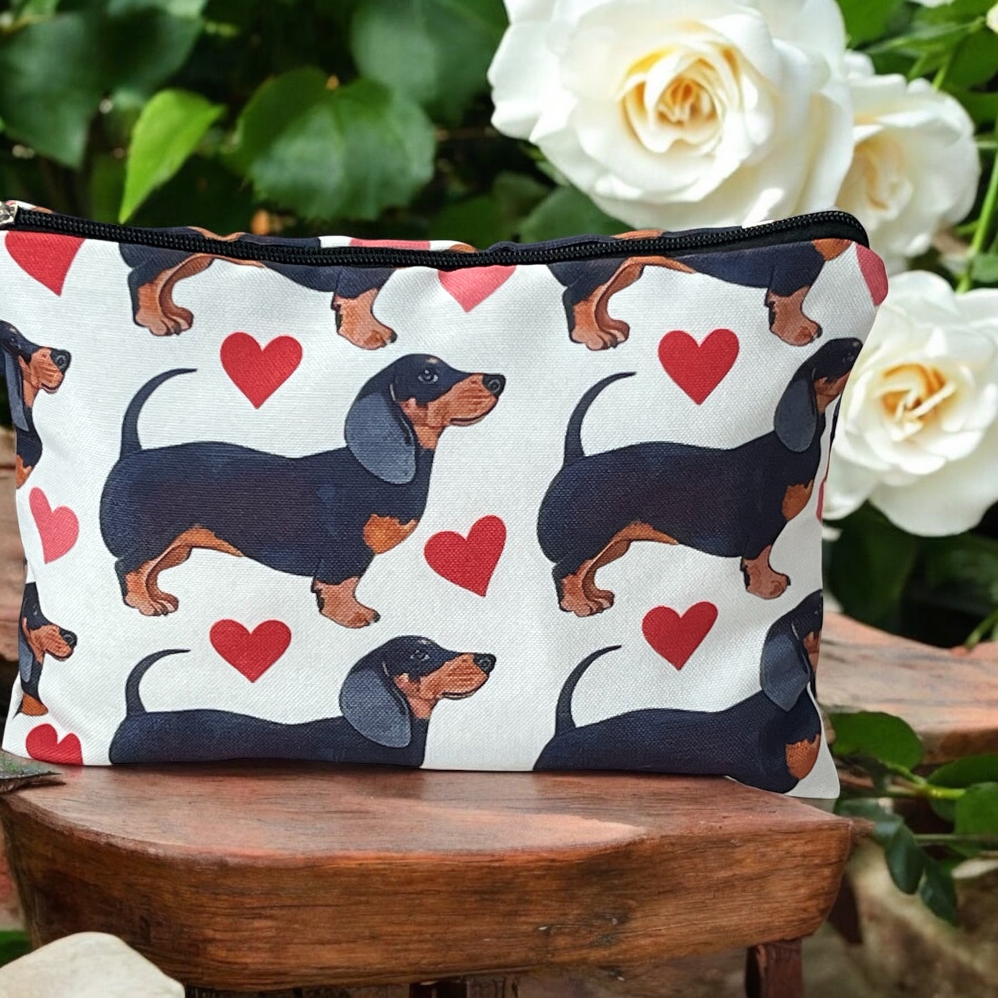 Dachshund Doxie and Hearts Print Cosmetic Bag: Polyester with Zipper Closure - Valentine's Day Gift