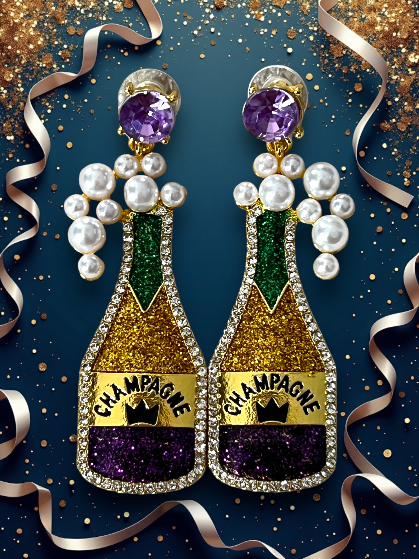 Champagne Large Bottle Statement Earrings Perfect for Mardi Gras