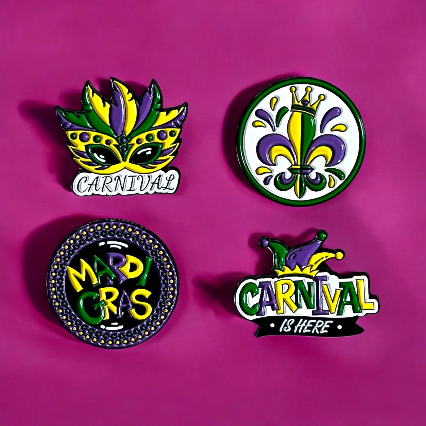 Mardi Gras Carnival Enamel Pin Set (4-Pack) – Versatile Seasonal Wear with Fleur-de-lis & Mask Designs, Perfect for Celebrations