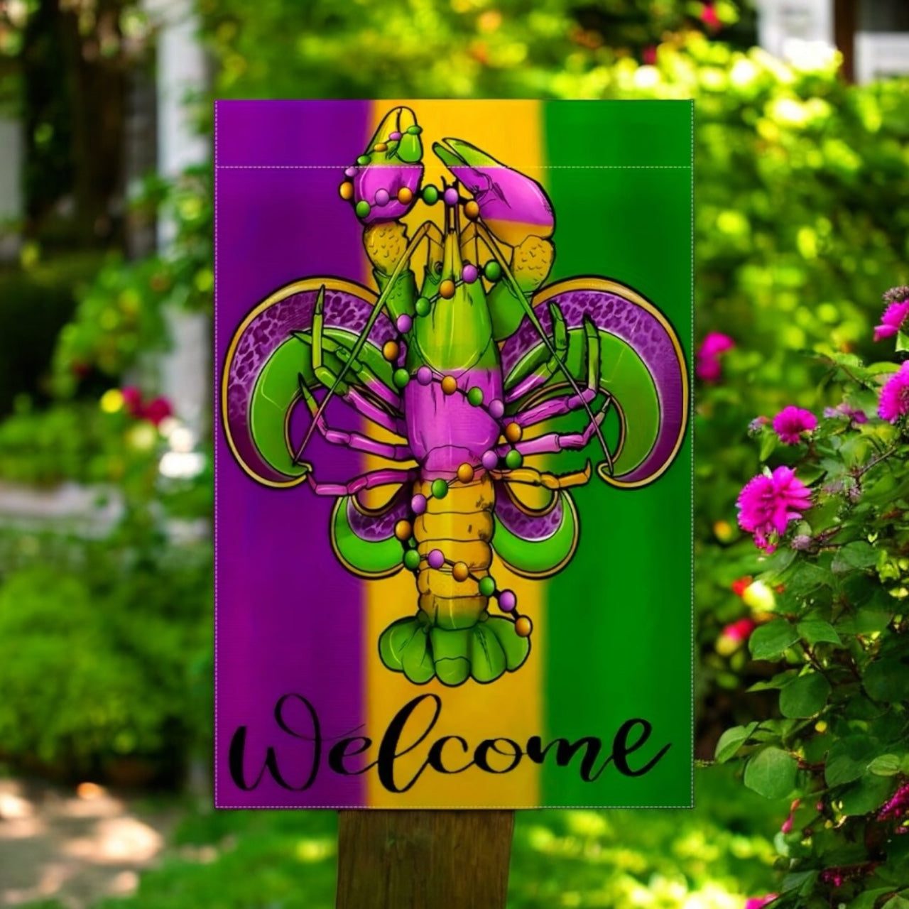 Welcome Mardi Gras Crawfish and Beads New Orleans Garden Flag