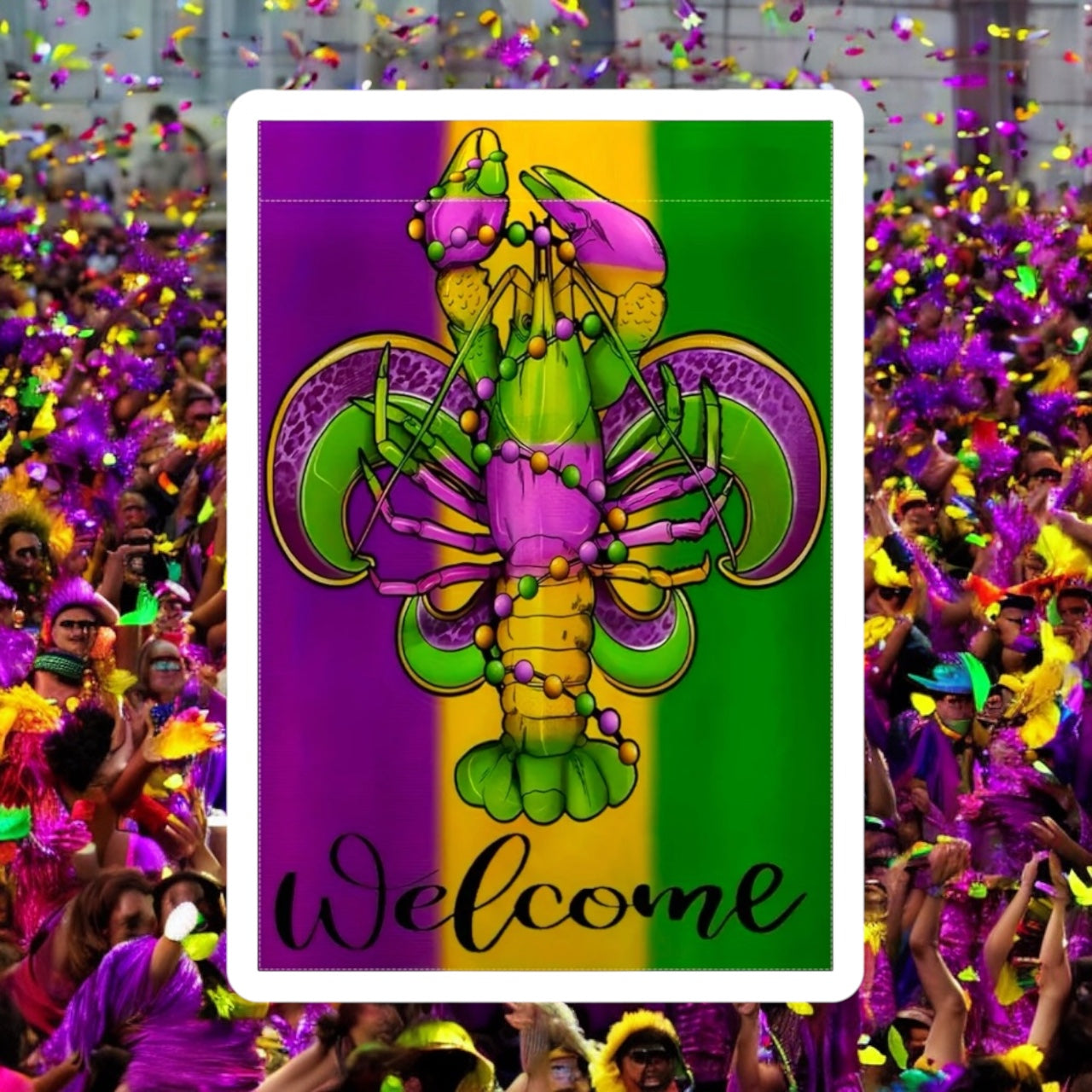 Welcome Mardi Gras Crawfish and Beads New Orleans Garden Flag