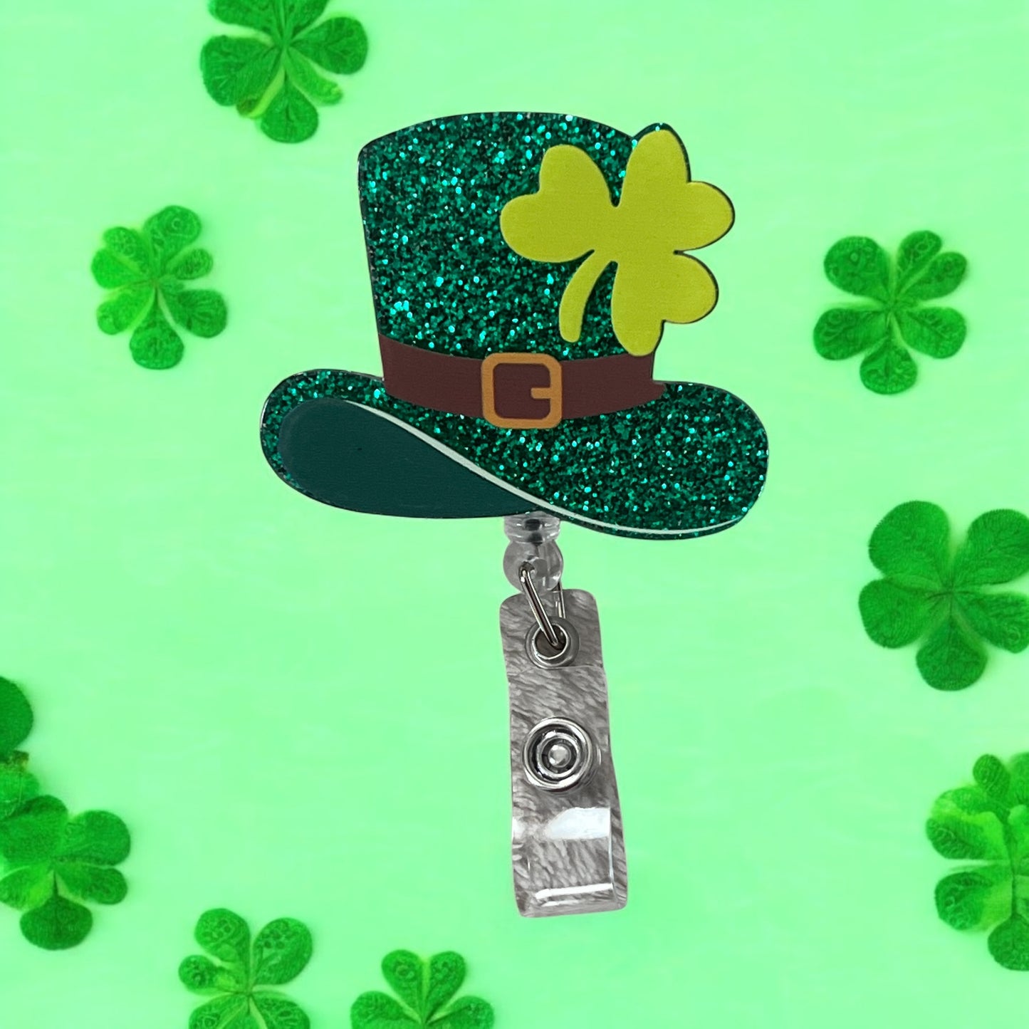St. Patrick's Day Sparkling Green Hat ID Badge Holder - Adjustable, Durable, 360-Degree Rotatable Clip