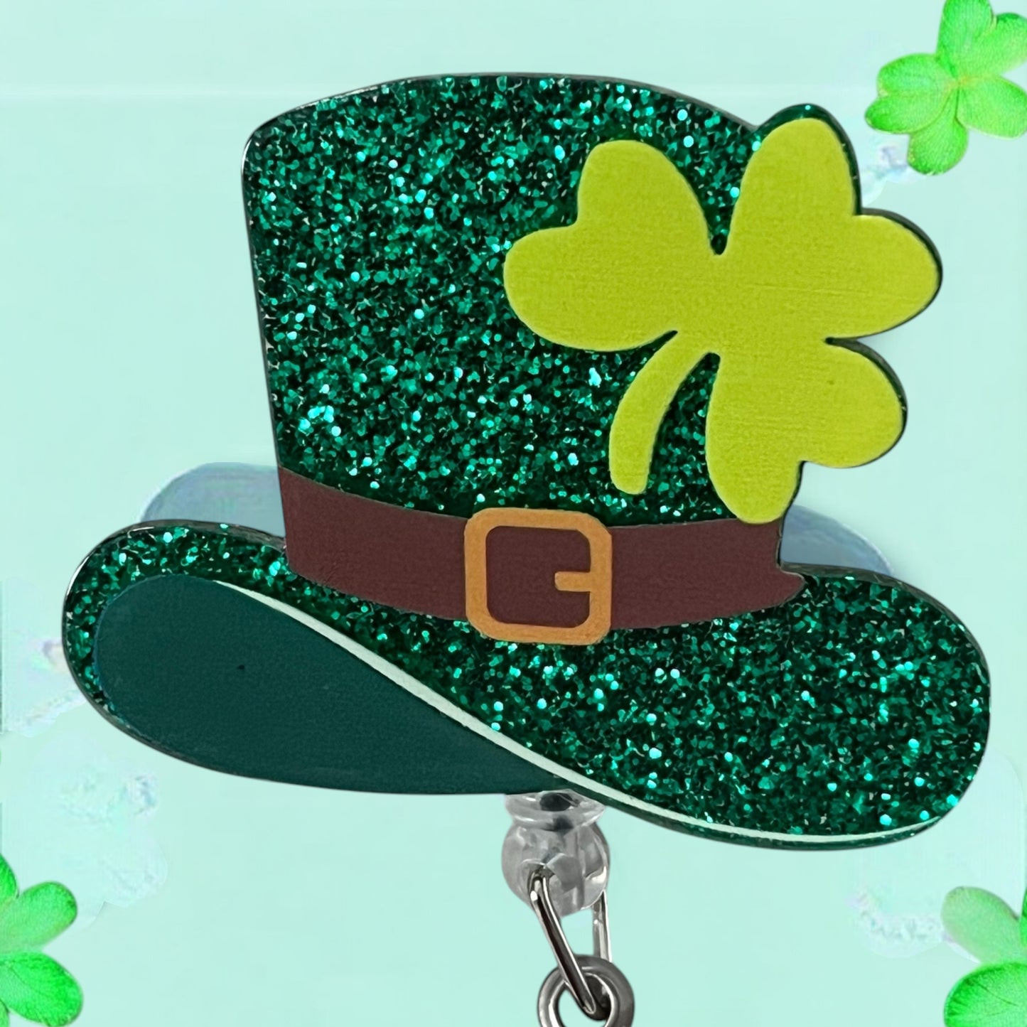 St. Patrick's Day Sparkling Green Hat ID Badge Holder - Adjustable, Durable, 360-Degree Rotatable Clip