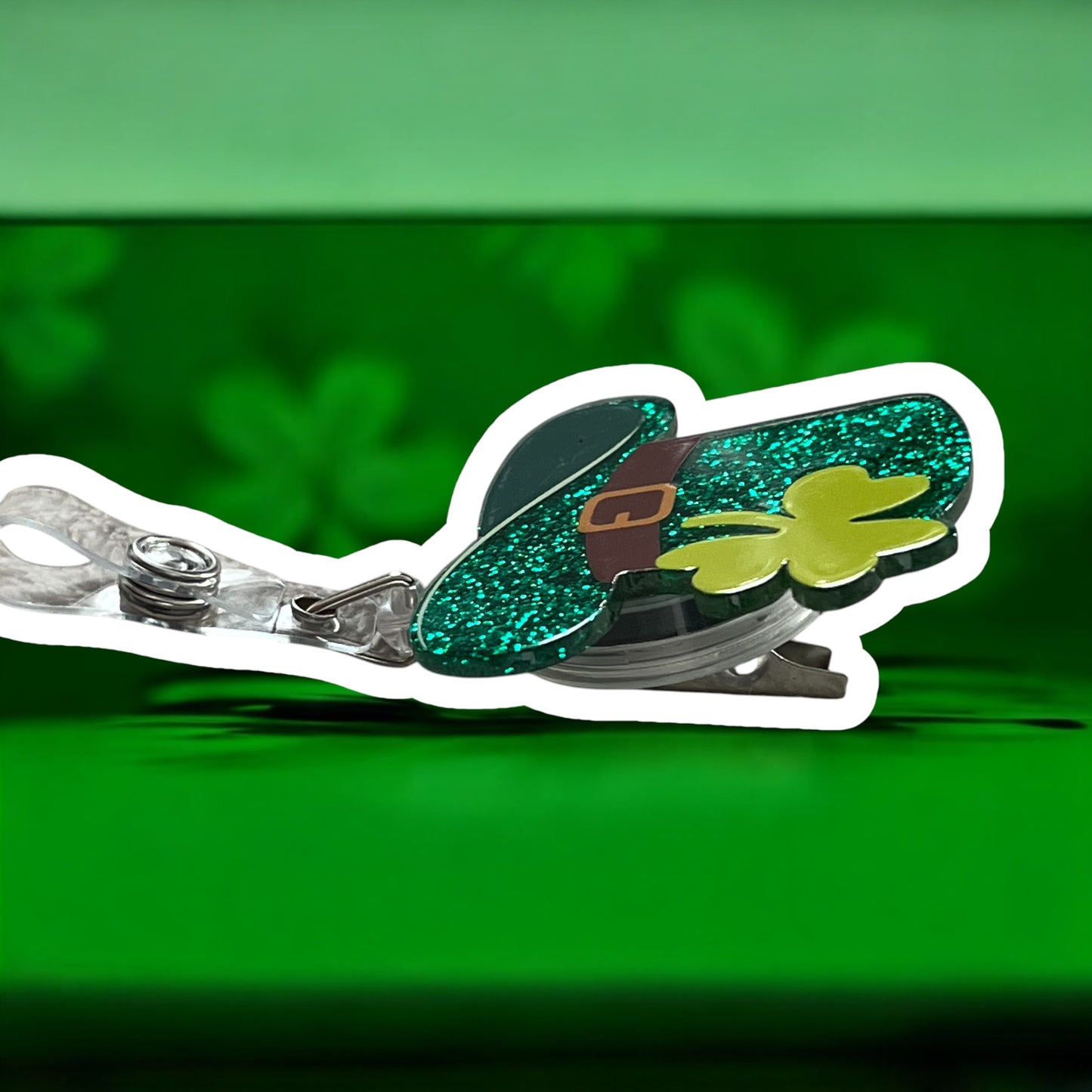 St. Patrick's Day Sparkling Green Hat ID Badge Holder - Adjustable, Durable, 360-Degree Rotatable Clip