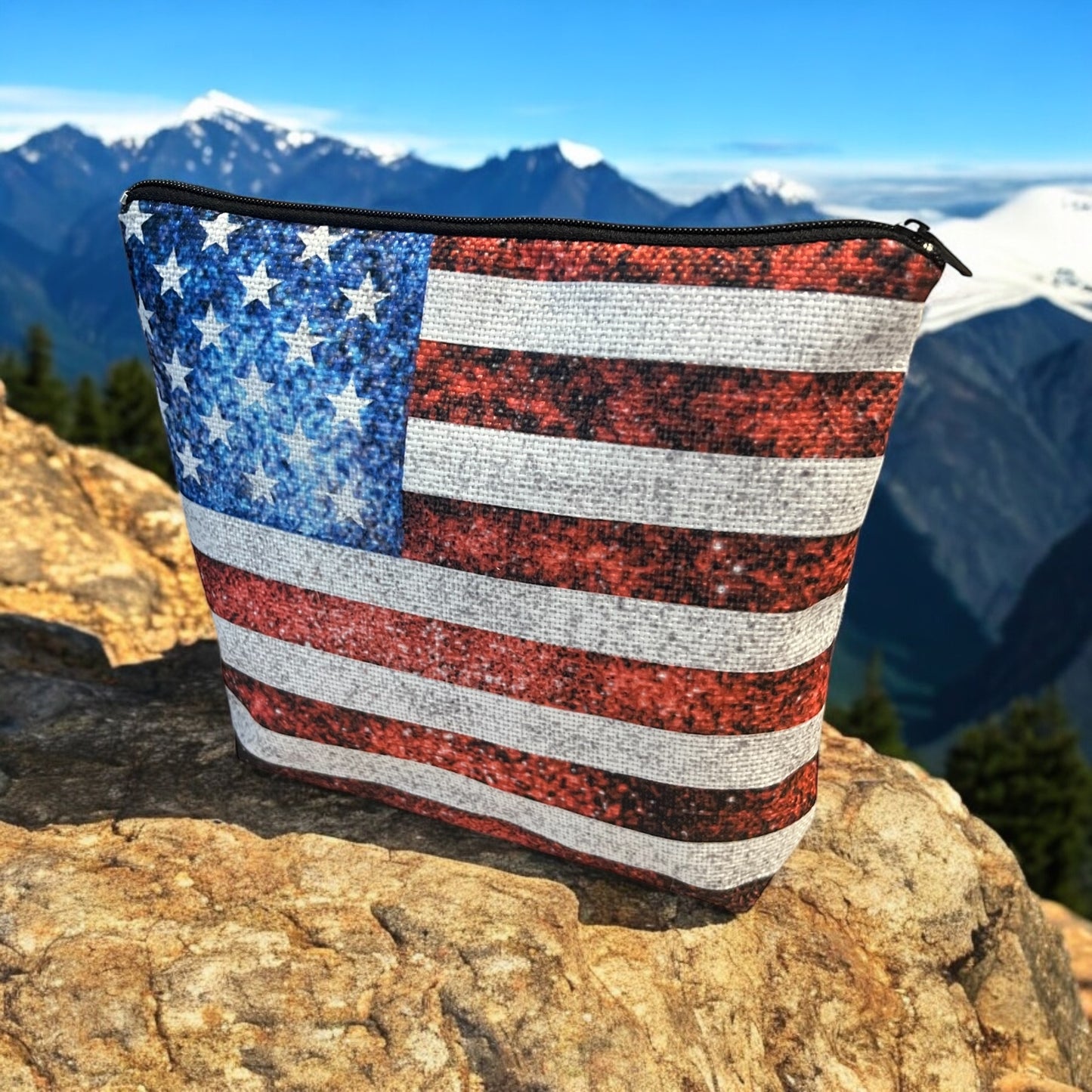 Lightweight American Flag Cosmetic Bag - Canvas Material, Durable Polyester, Zipper Closure