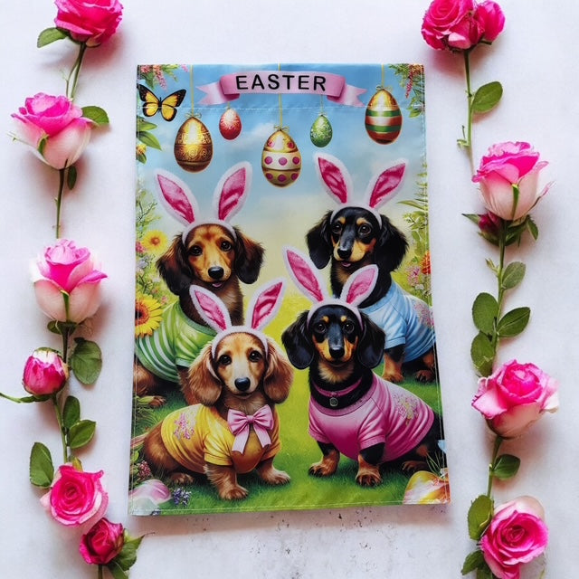 Easter Egg-stravaganza! Dachshund Delight Garden Flag – 12x18 Inches of Hoppy Happiness