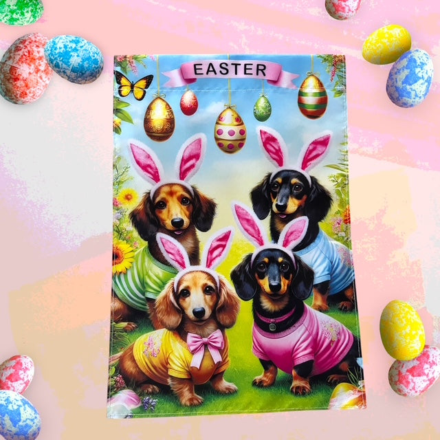 Easter Egg-stravaganza! Dachshund Delight Garden Flag – 12x18 Inches of Hoppy Happiness