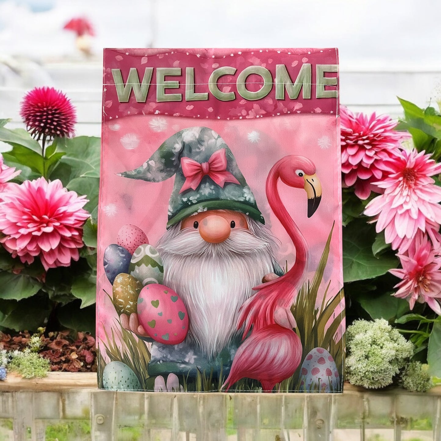 Easter Welcome Garden Flag - Double-Sided, Flamingo & Gnome Design, 12 x 18 Inch (Pole Not Included)