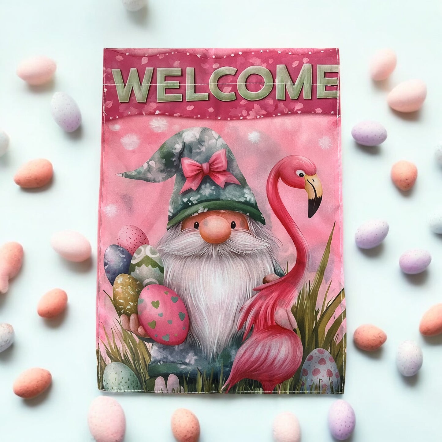 Easter Welcome Garden Flag - Double-Sided, Flamingo & Gnome Design, 12 x 18 Inch (Pole Not Included)