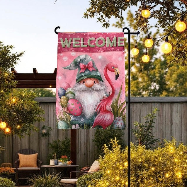 Easter Welcome Garden Flag - Double-Sided, Flamingo & Gnome Design, 12 x 18 Inch (Pole Not Included)
