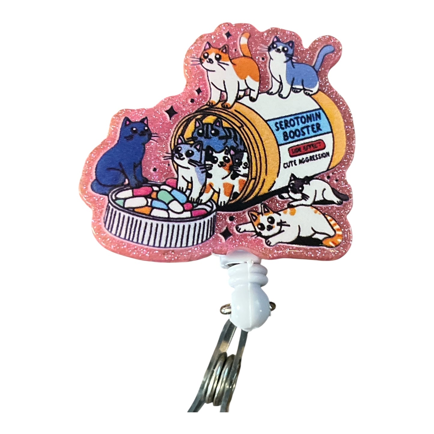 Serotonin Booster: Cute Cat Badge Reel – Rotating Acrylic Retractable ID Holder with Glitter