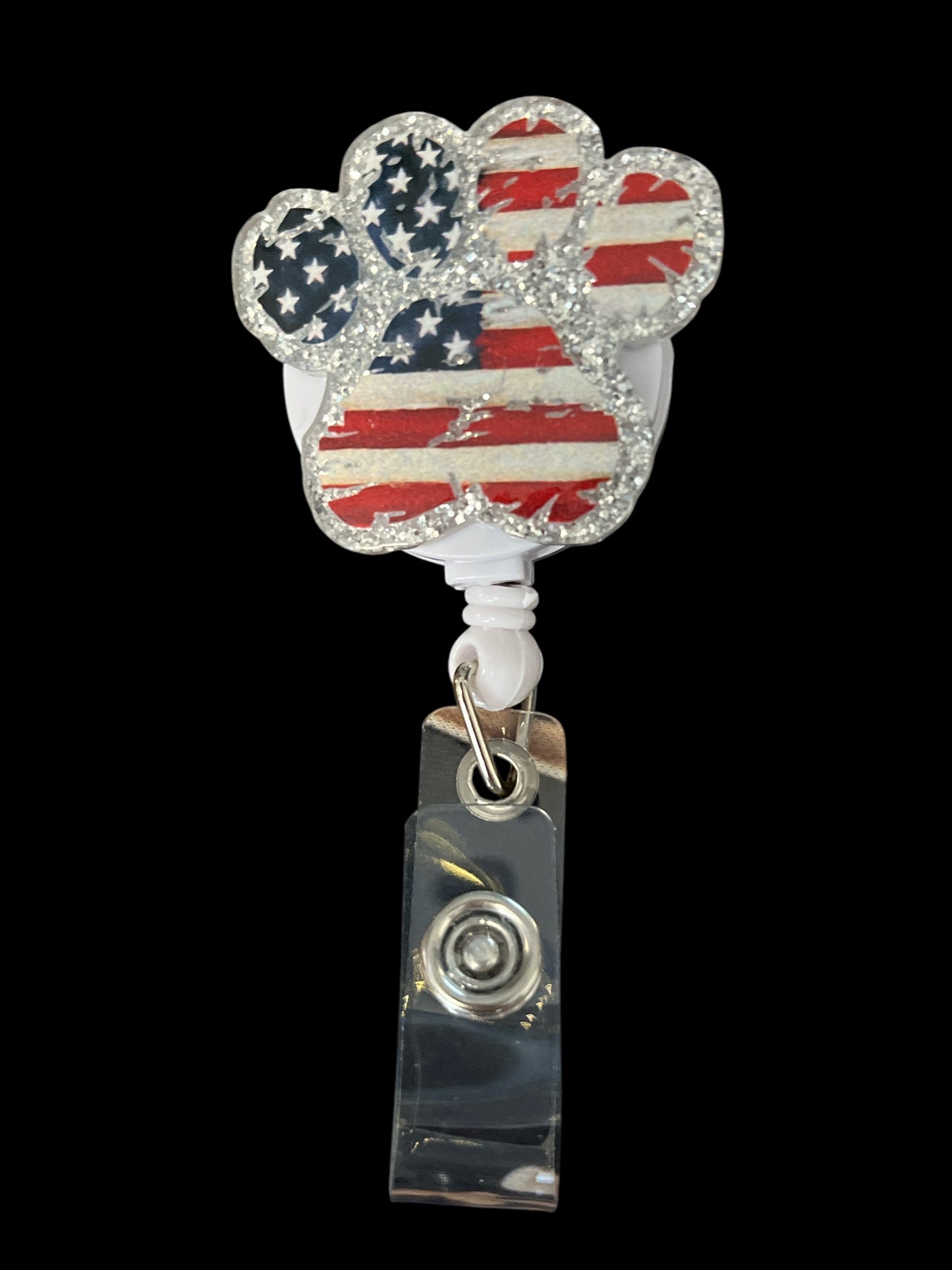Playful Paw Print Patriotic Badge Reel – Acrylic Retractable ID Holder with Glitter
