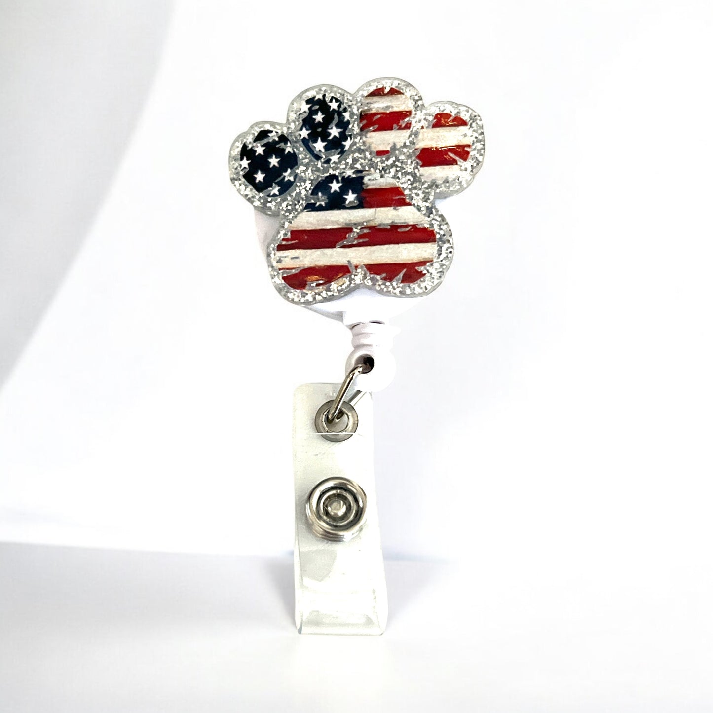Playful Paw Print Patriotic Badge Reel – Acrylic Retractable ID Holder with Glitter