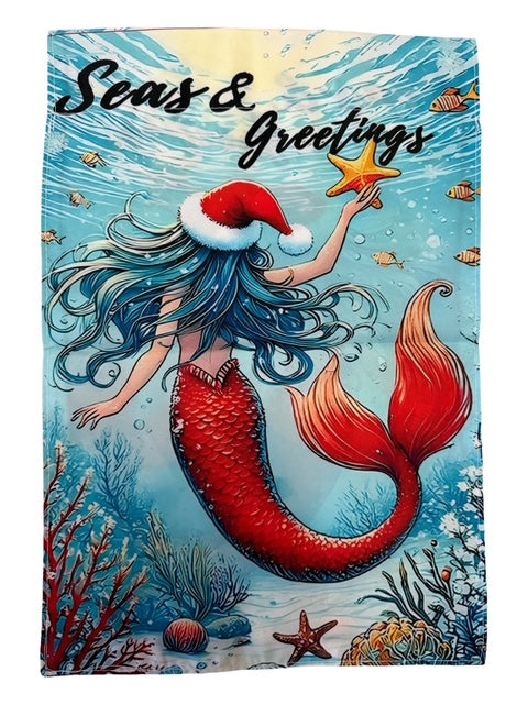 Christmas Mermaid Seas & Greetings Garden Flag Coastal Holiday Decor