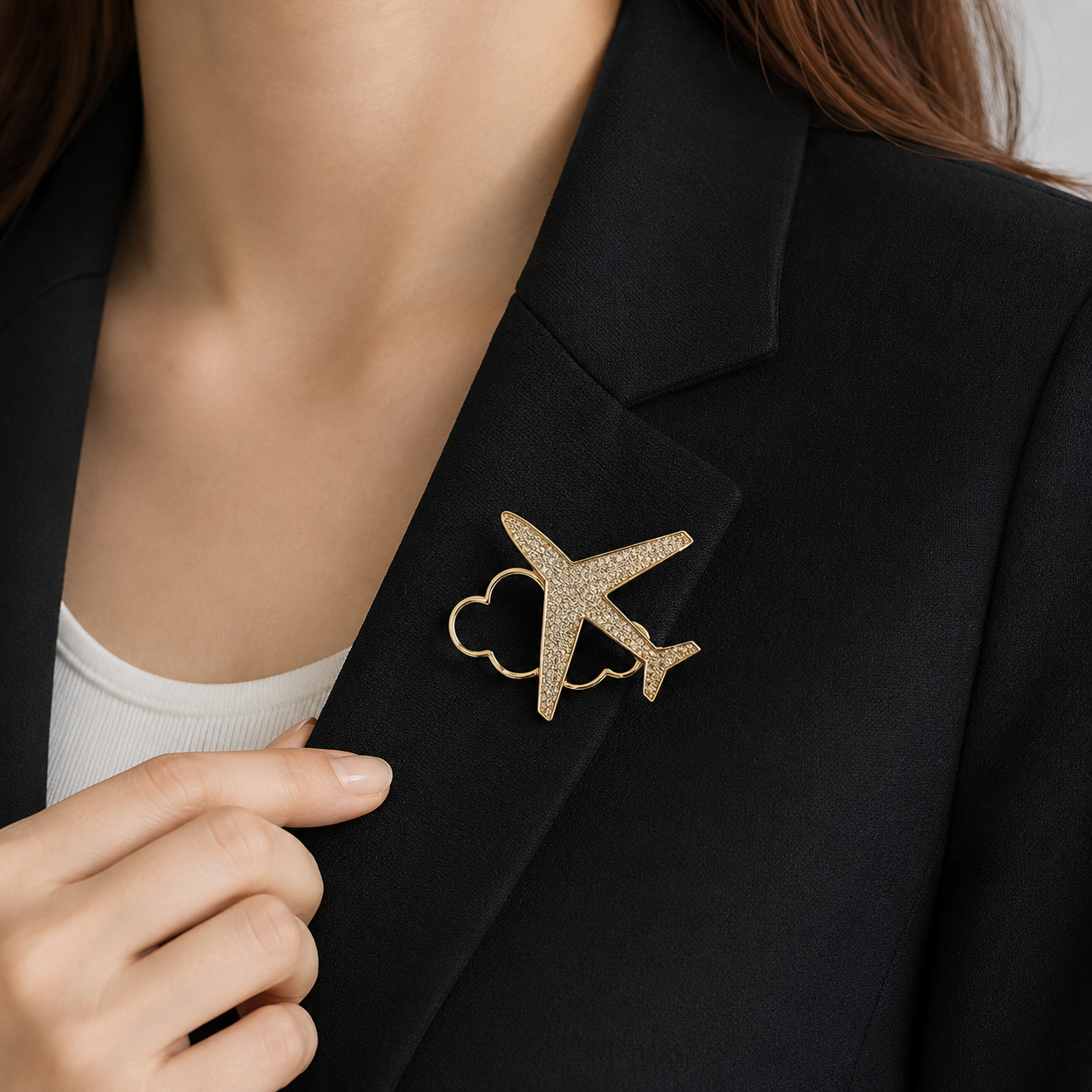 Gold Tone Airplane & Cloud Lapel Pin Brooch Travel Aviation Jewelry 1.5"