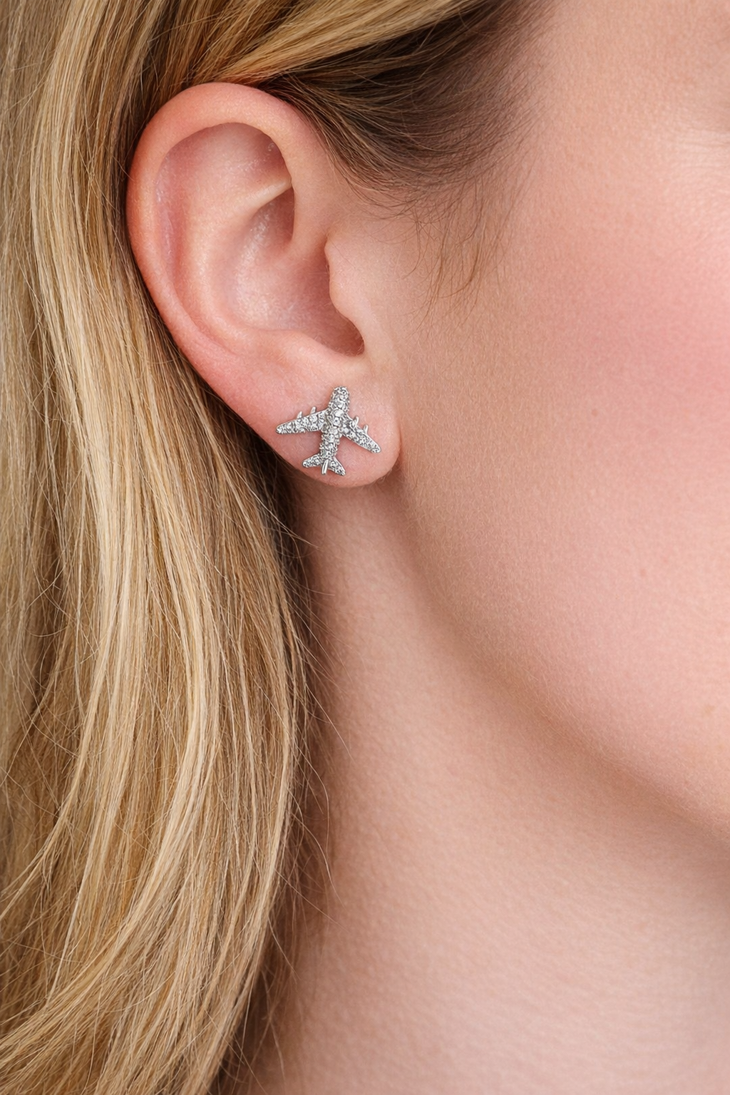 Airplane Rhinestone Stud Earrings Silver Tone Travel Aviation Jewelry