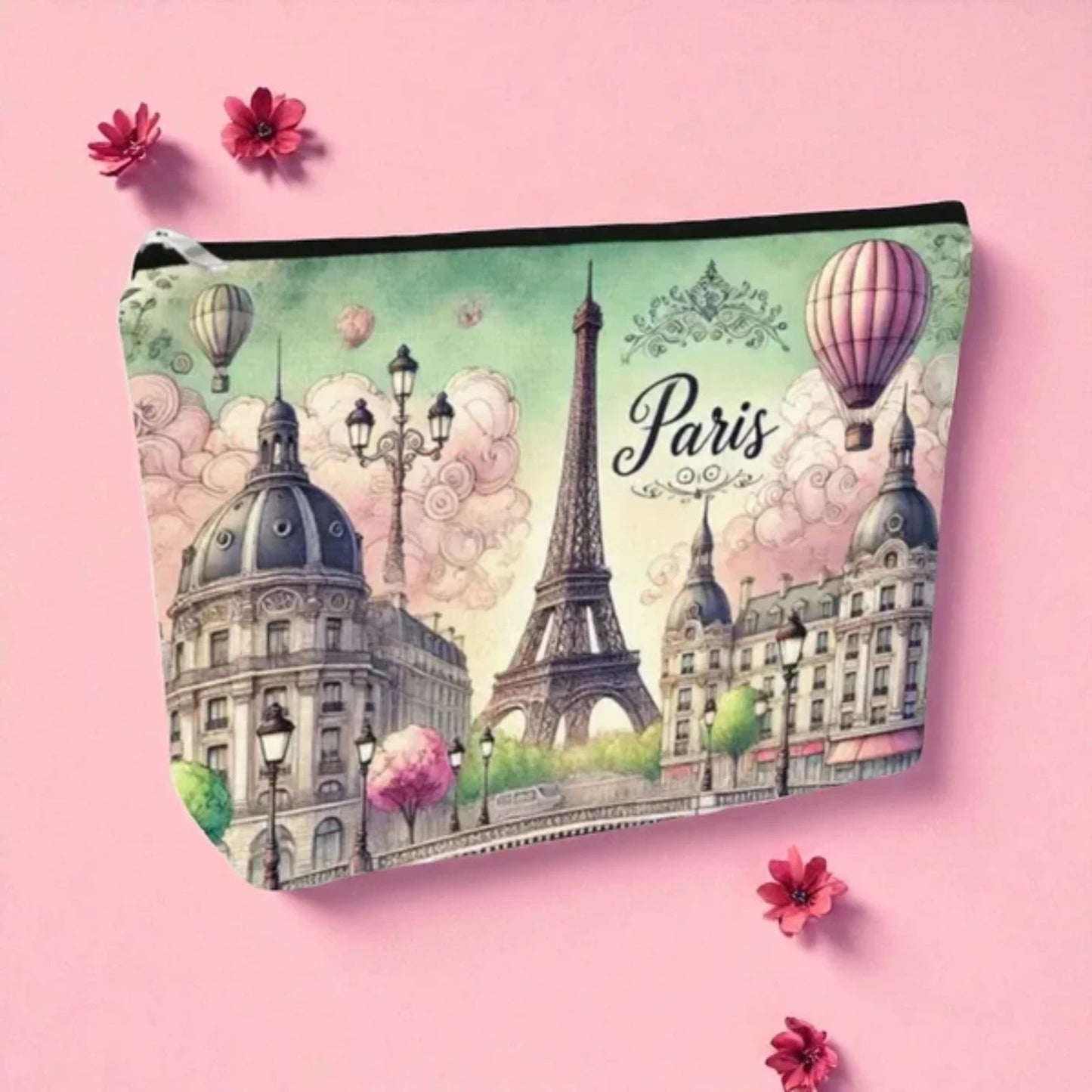 Paris Eiffel Tower Hot Air Balloon Cosmetic Bag – 9x7 Travel Pouch