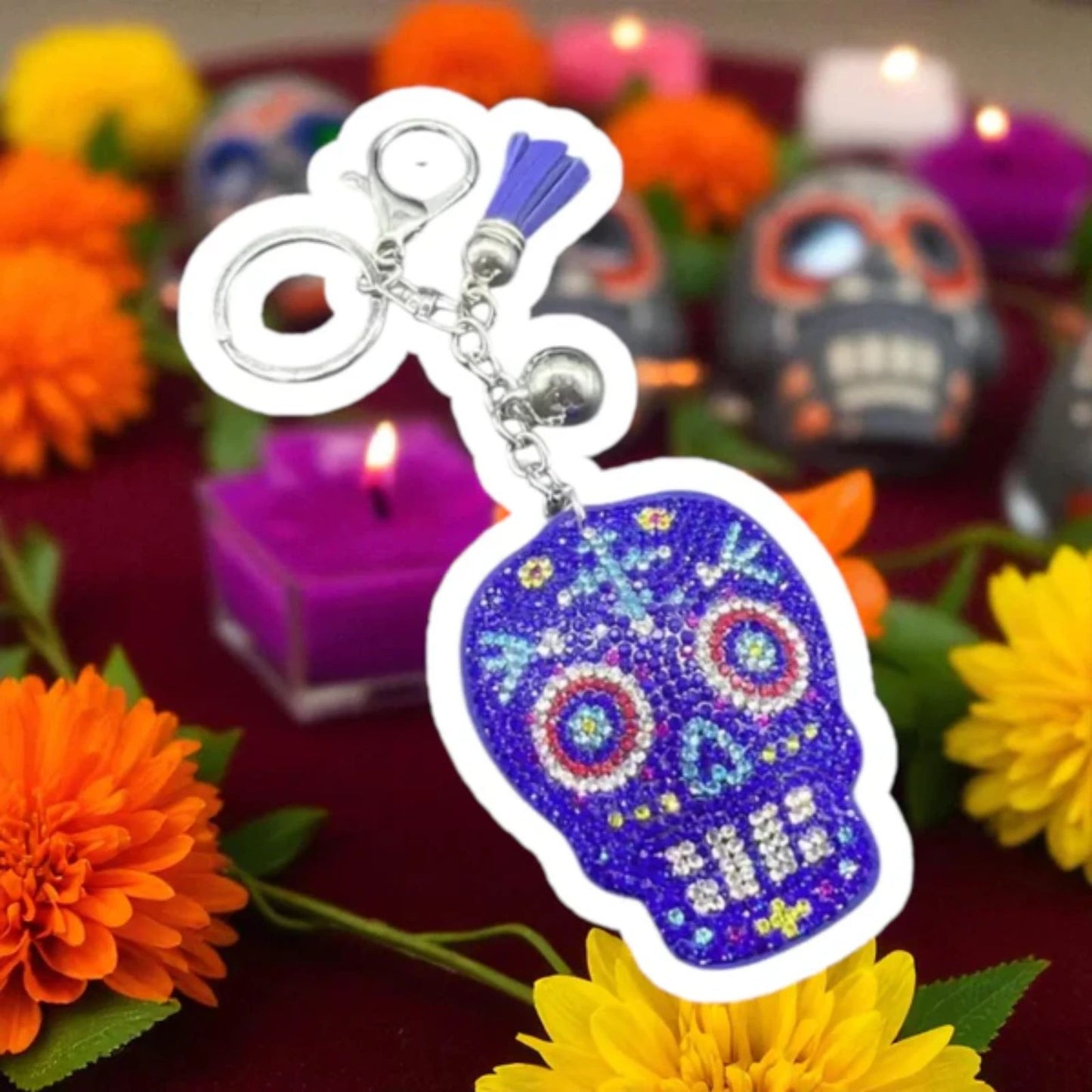 Purple-Blue Sugar Skull Rhinestone Keychain w Tassel – Día de los Muertos Style