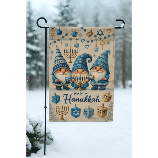 Happy Hanukkah Garden Flag – Festive Gnomes & Menorah Design (12x18)