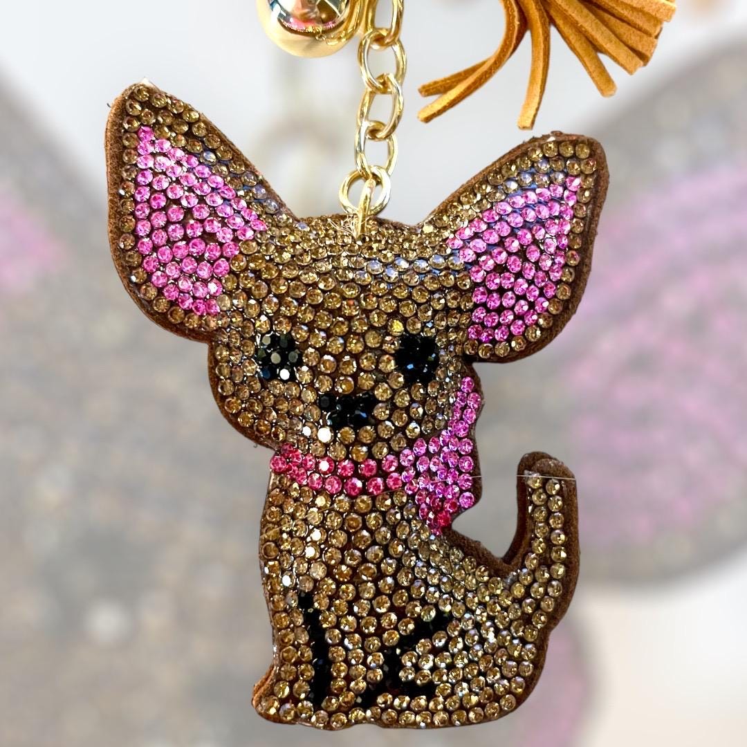 Cute Cartoon Chihuahua Keychain Rhinestone Key Chain. Choose Tan or Black.